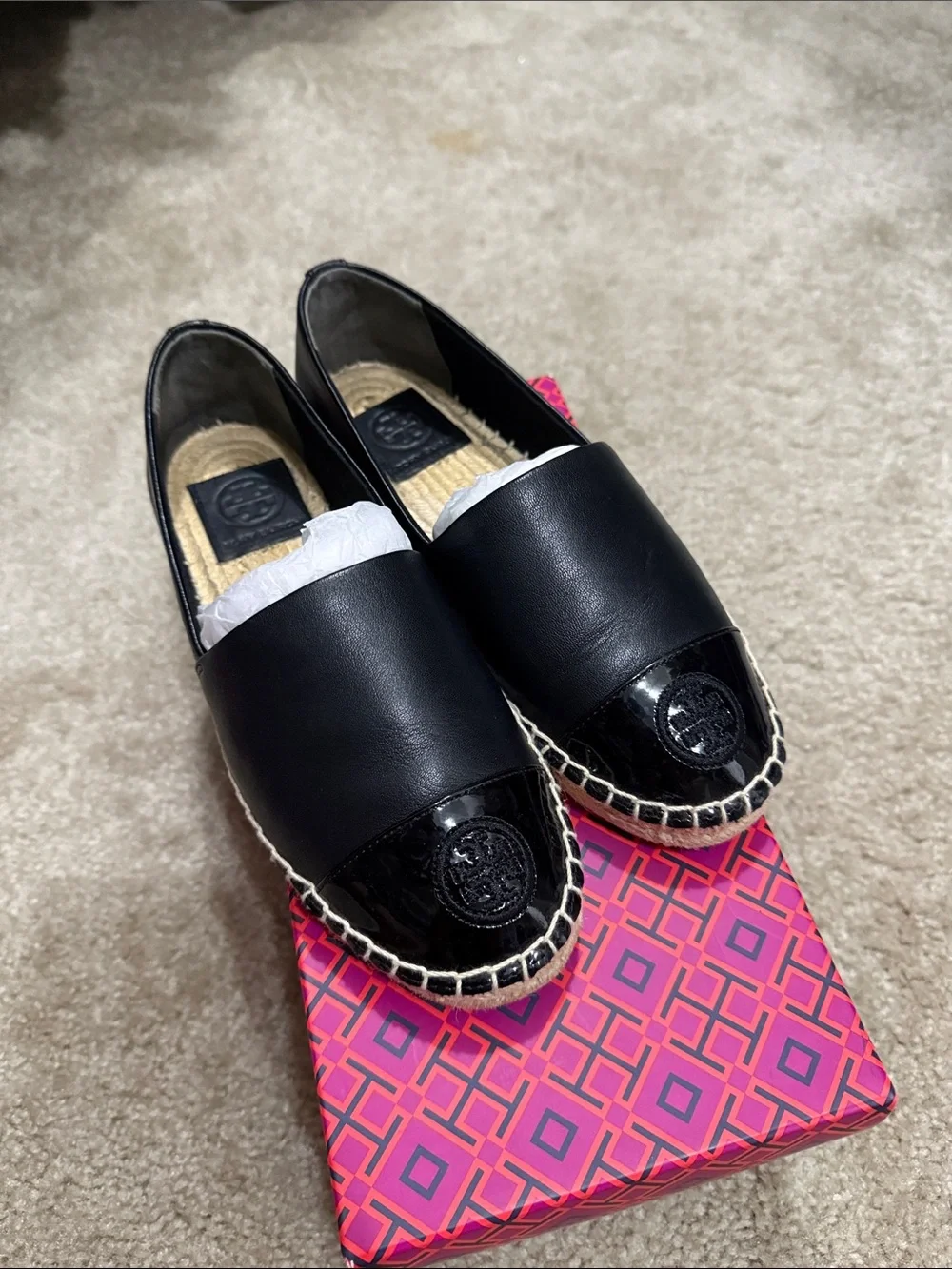 Tory Burch Black Leather Espadrille Slip-On with Patent Toe